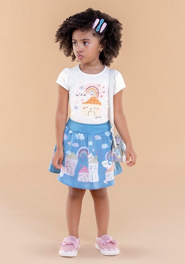 Conjunto Blusa Cotton e Saia com Estampa de Casinha - Glinny