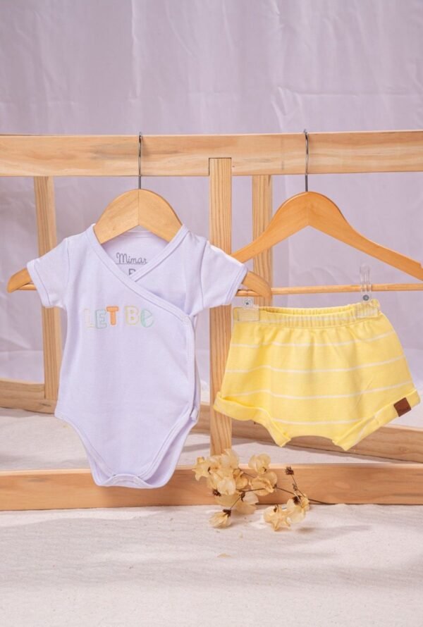Conjunto Body Kimono com Shorts Amarelo Listrado - Mimar