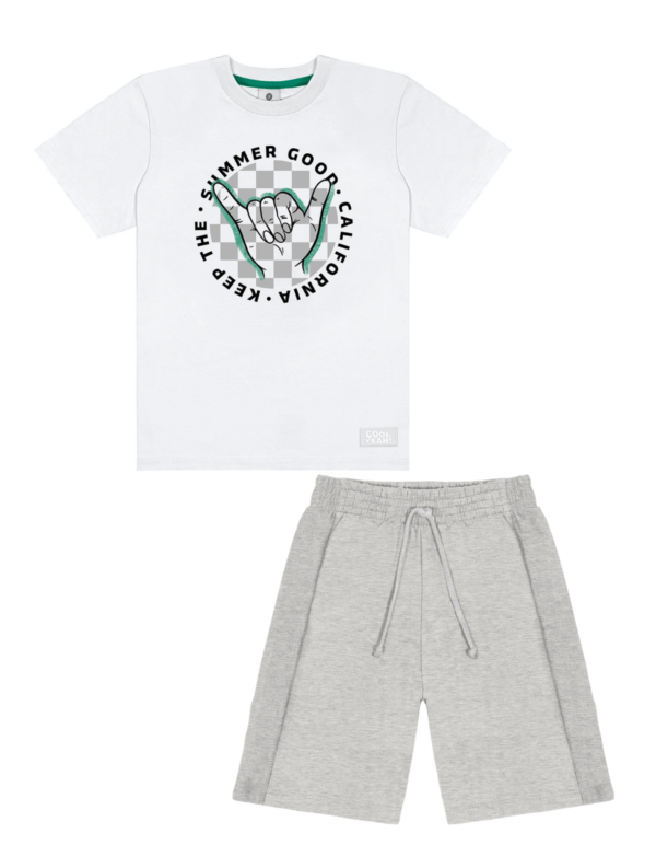 Camiseta Estampada E Bermuda Branco E Mescla Médio - Abrange